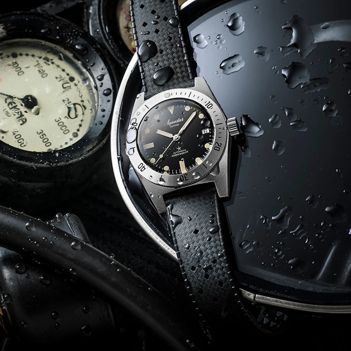 Aquastar Model 60 Black Dial On Tropic Strap - Image 2