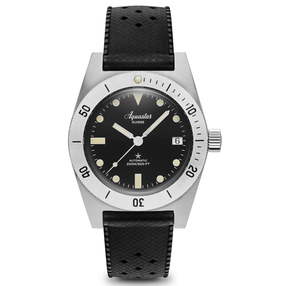 Aquastar Model 60 Black Dial On Tropic Strap