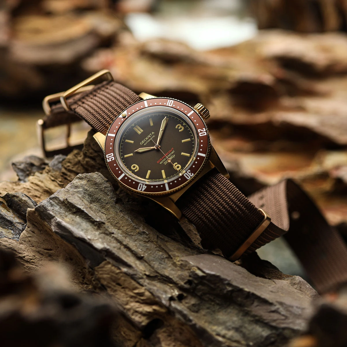 Ocean-Scout Nylon Watch Strap - Brown - Gold Buckle - Image 3