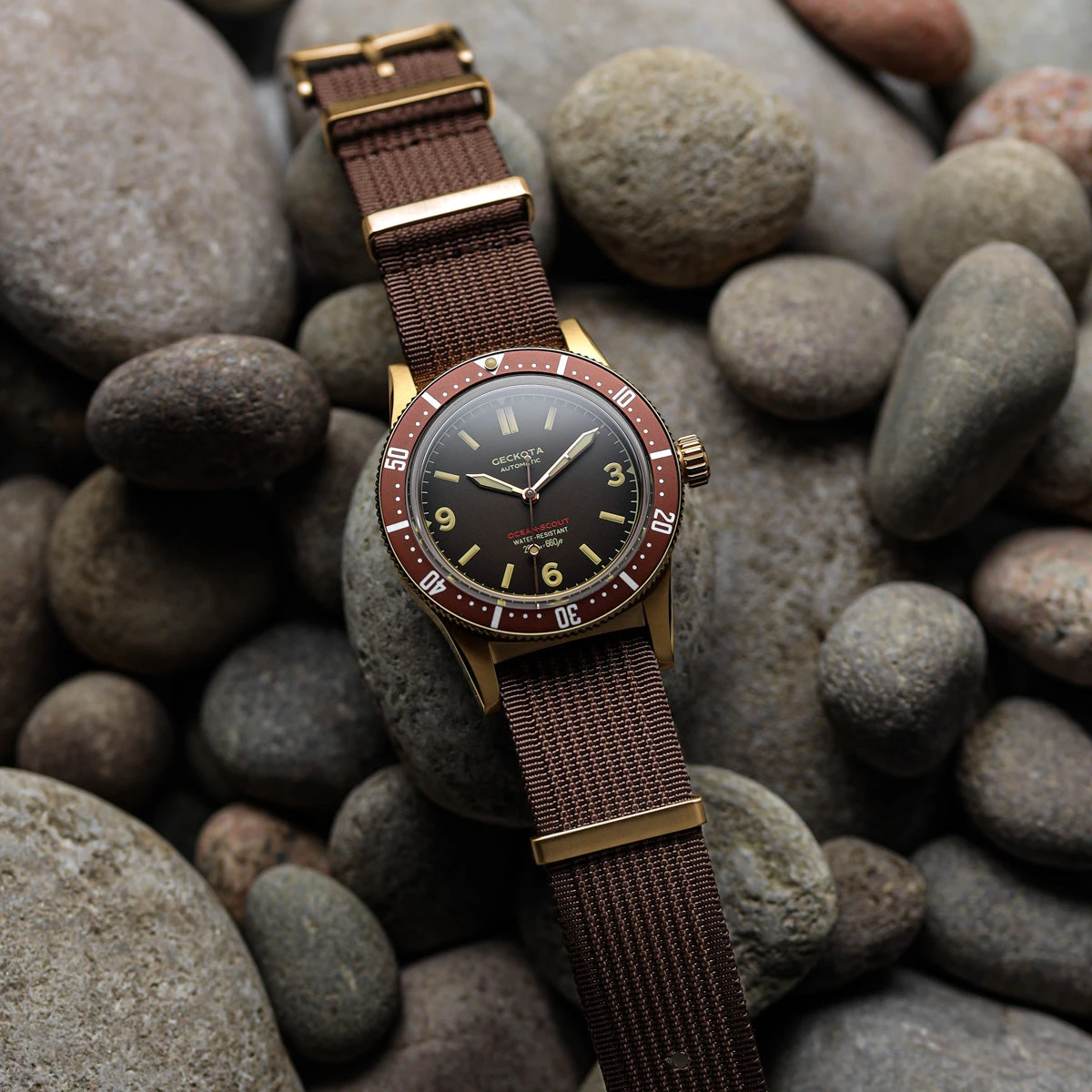 Ocean-Scout Nylon Watch Strap - Brown - Gold Buckle - Image 4