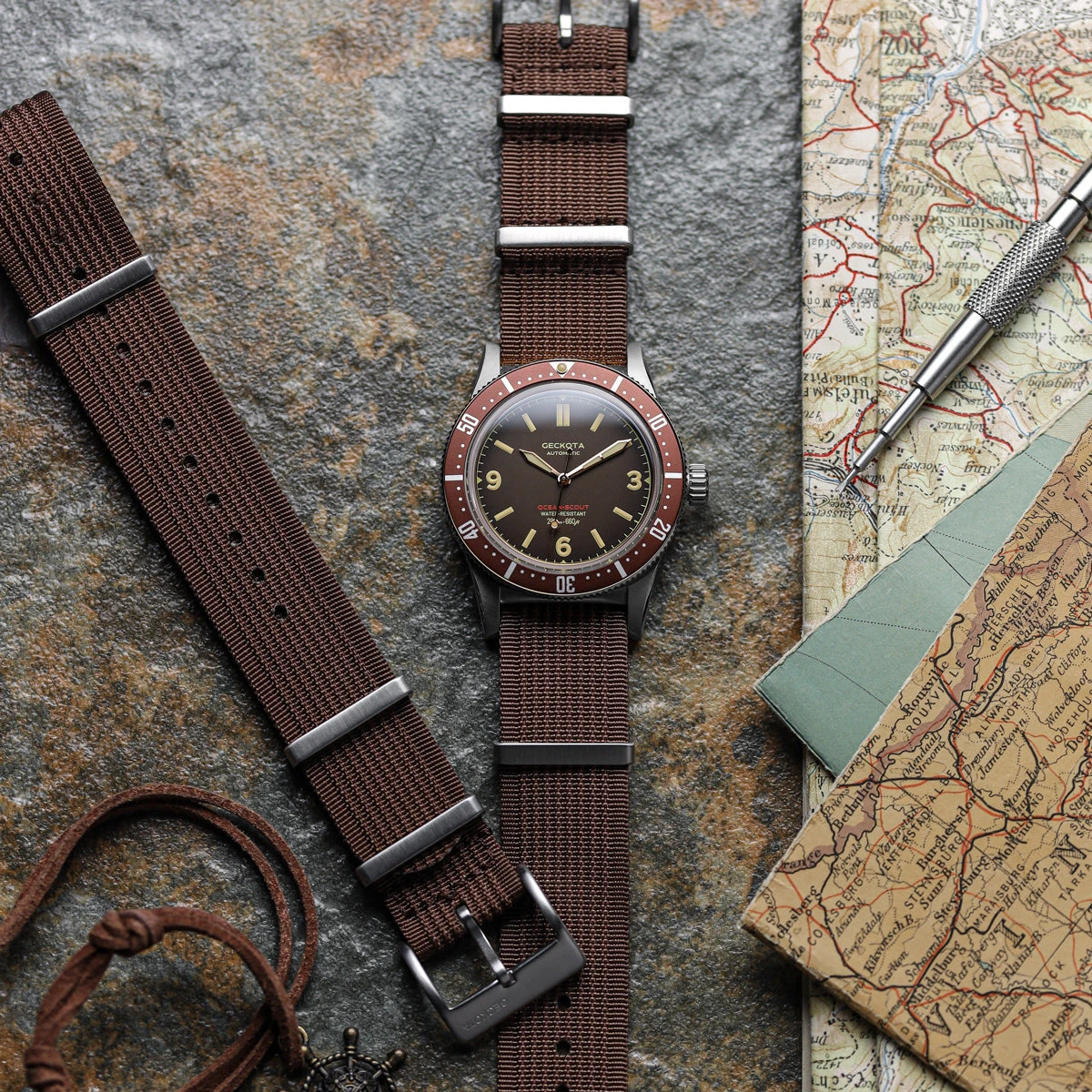 Ocean-Scout Nylon Watch Strap - Brown - Silver Buckle - Image 4