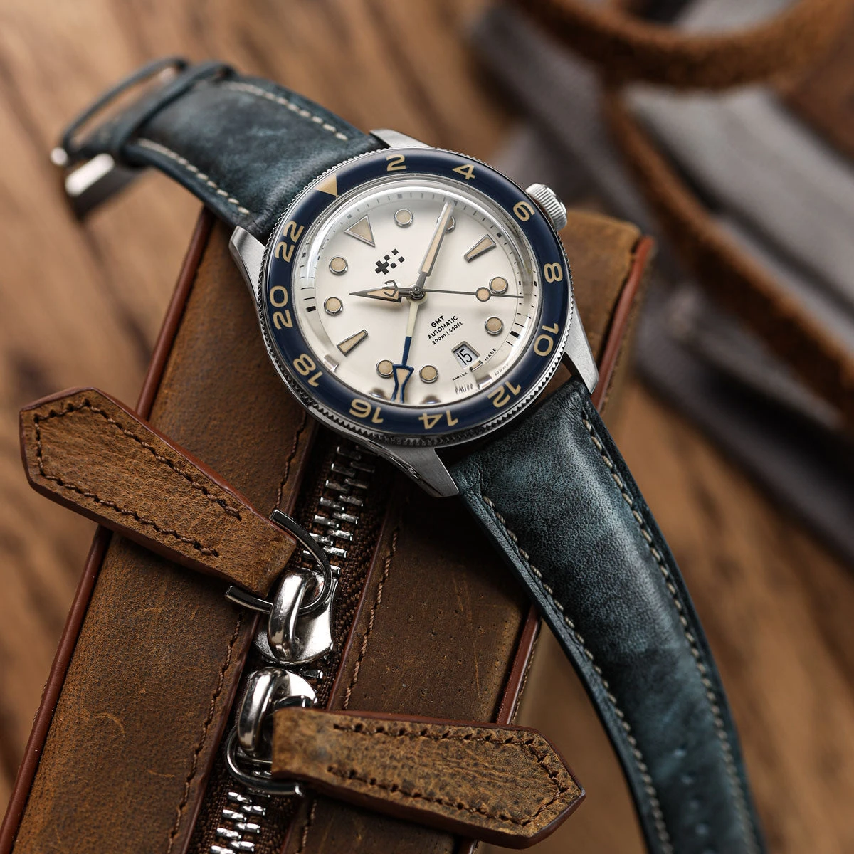 Laverton Padded Patina Calf Leather Watch Strap - Blue Jeans - Image 2