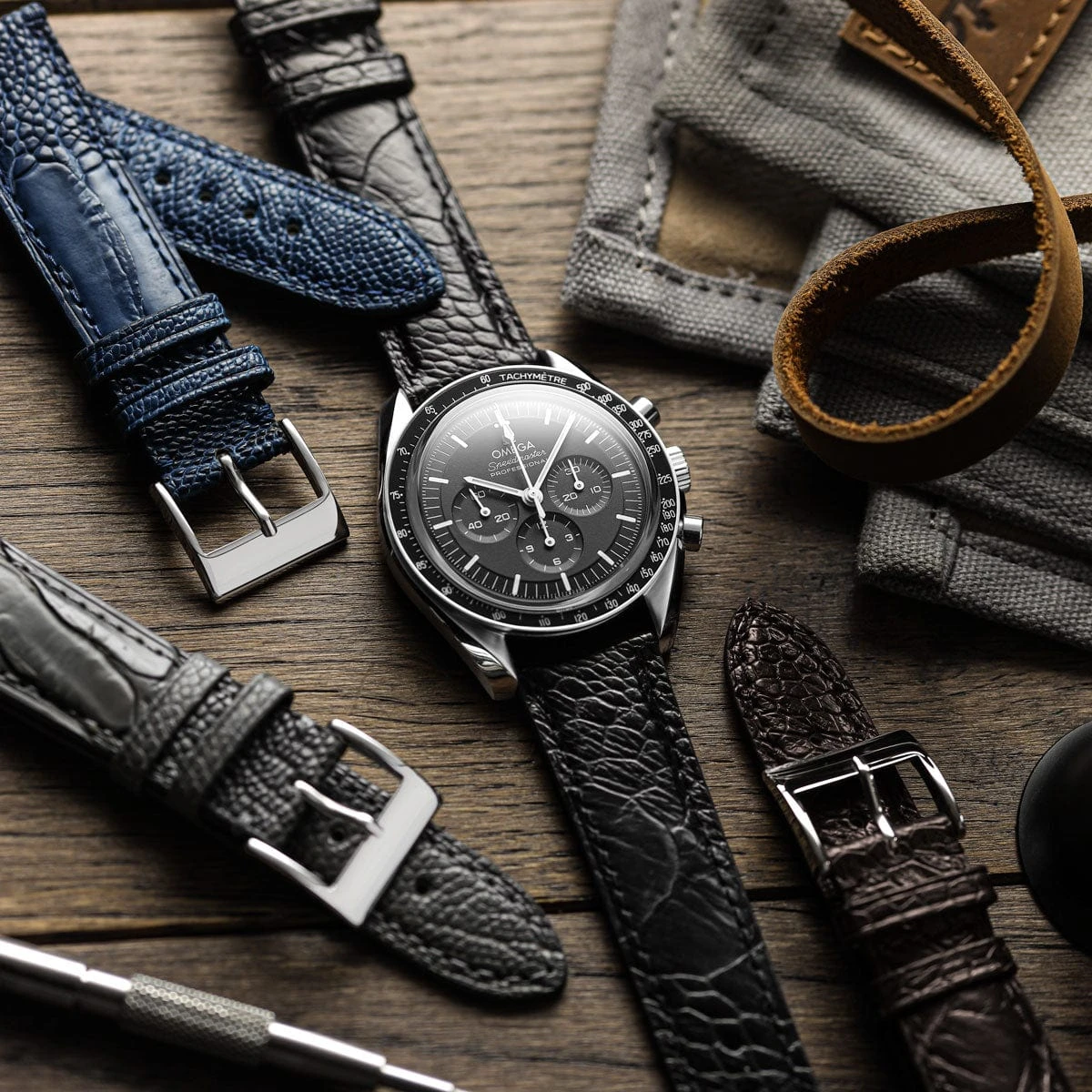 Durbuy Ostrich Leg Handmade Leather Watch Strap - Blue - Image 4