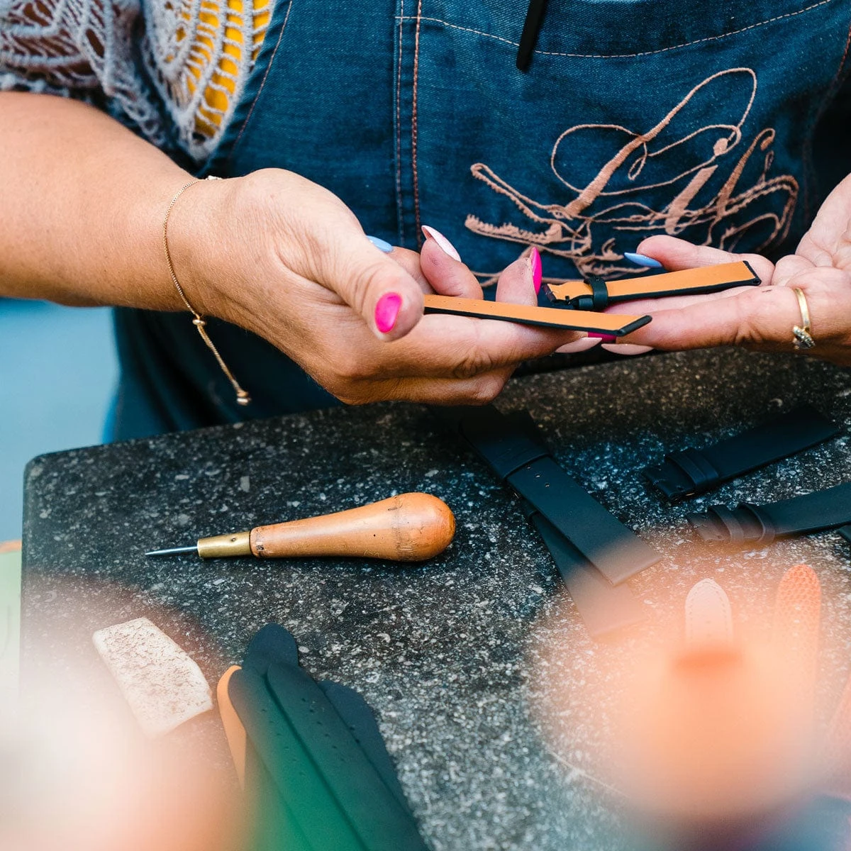 Durbuy Ostrich Leg Handmade Leather Watch Strap - Cognac - Image 10