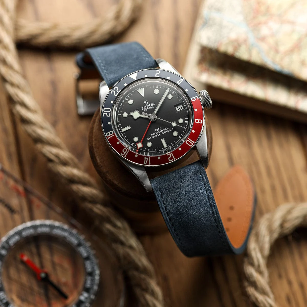 Mozet Flat Nubuck Handmade Leather Watch Strap - Jeans Blue - Image 2