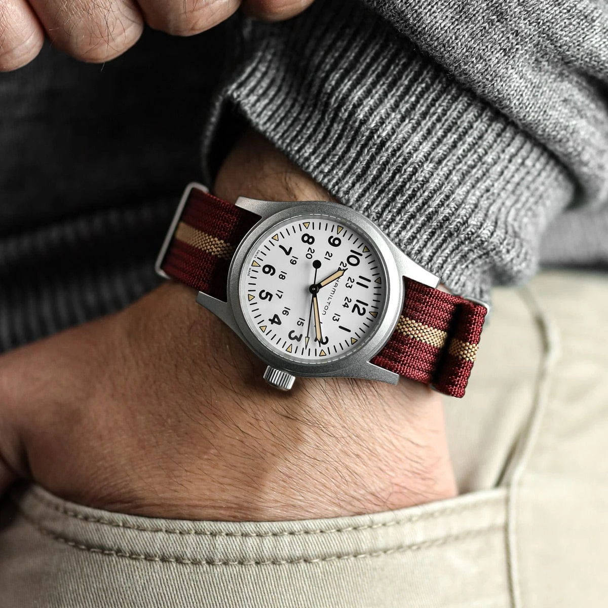 WatchGecko Ridge Military Nylon Watch Strap - Burgundy Red & Beige Stripe - Image 2