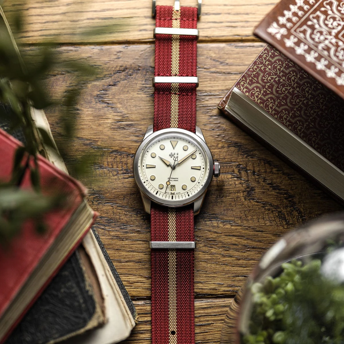 WatchGecko Ridge Military Nylon Watch Strap - Burgundy Red & Beige Stripe - Image 3