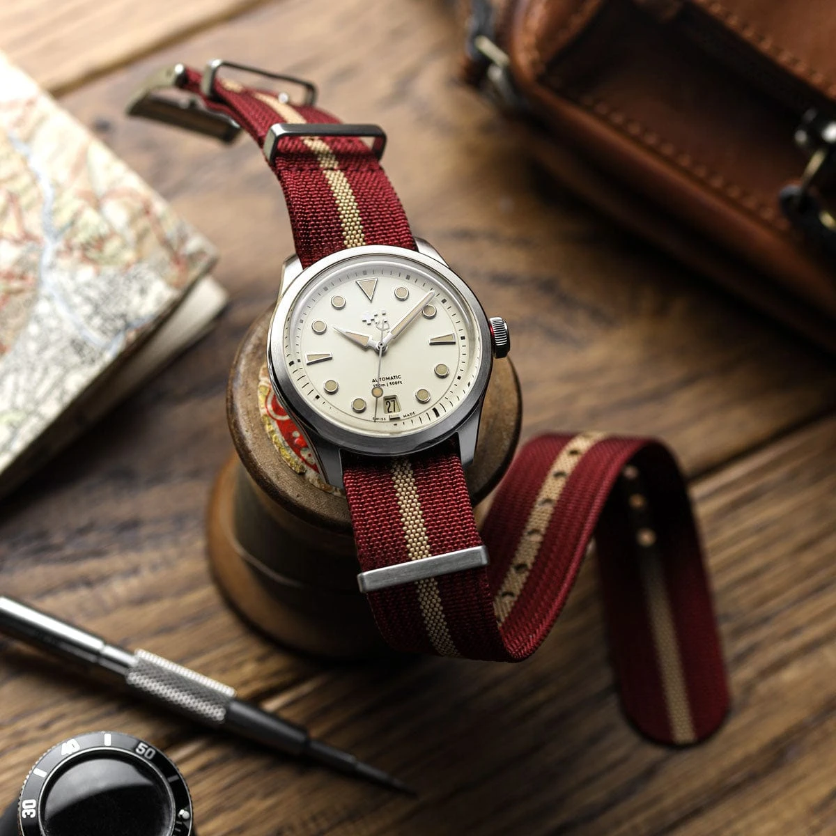 WatchGecko Ridge Military Nylon Watch Strap - Burgundy Red & Beige Stripe - Image 5