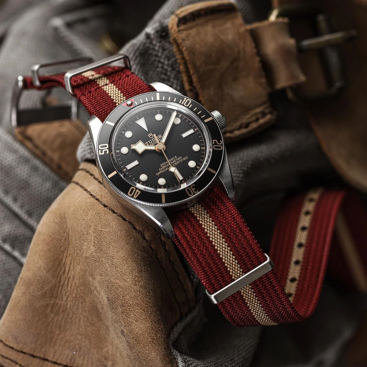 WatchGecko Ridge Military Nylon Watch Strap - Burgundy Red & Beige Stripe - Image 4