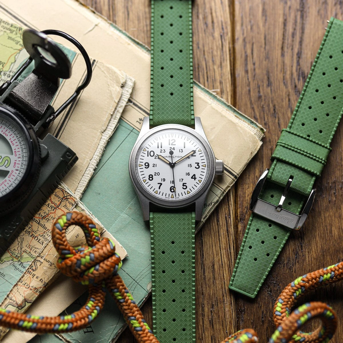 WatchGecko Vintage Tropical Style FKM Rubber Watch Strap - Green - Image 6