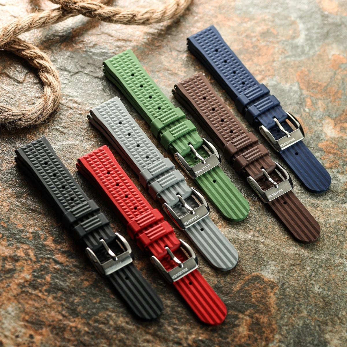 ZULUDIVER Seacroft Waffle FKM Rubber Dive Watch Strap (MkII) - Brown - Brushed Buckle - Image 6