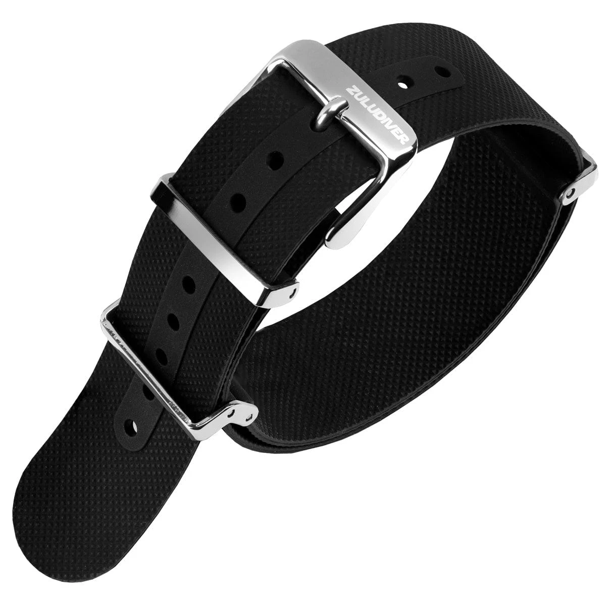 ZULUDIVER Seaton FKM Rubber Military Watch Strap - Black - Polished Buckles