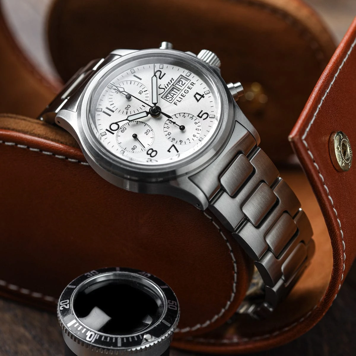Sinn 356 Sa Pilot III Automatic Chronograph Watch - Silver Dial - Solid Bracelet - Image 2