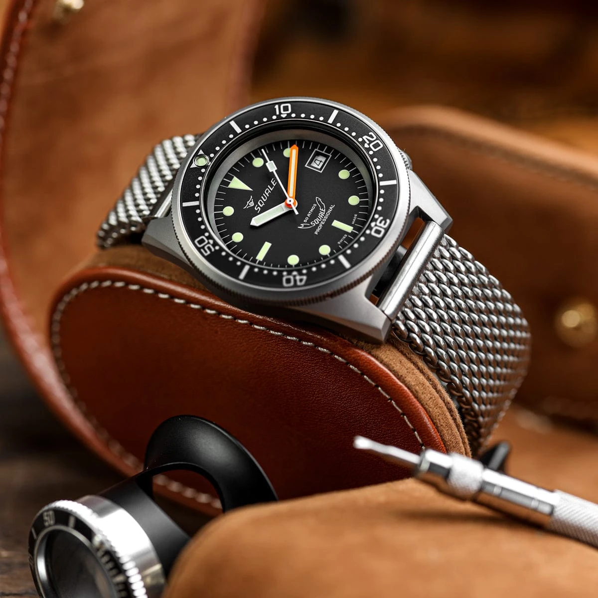 Squale 1521 Swiss Made Diver's Watch Black With Blasted Case - Mesh Bracelet - Image 2