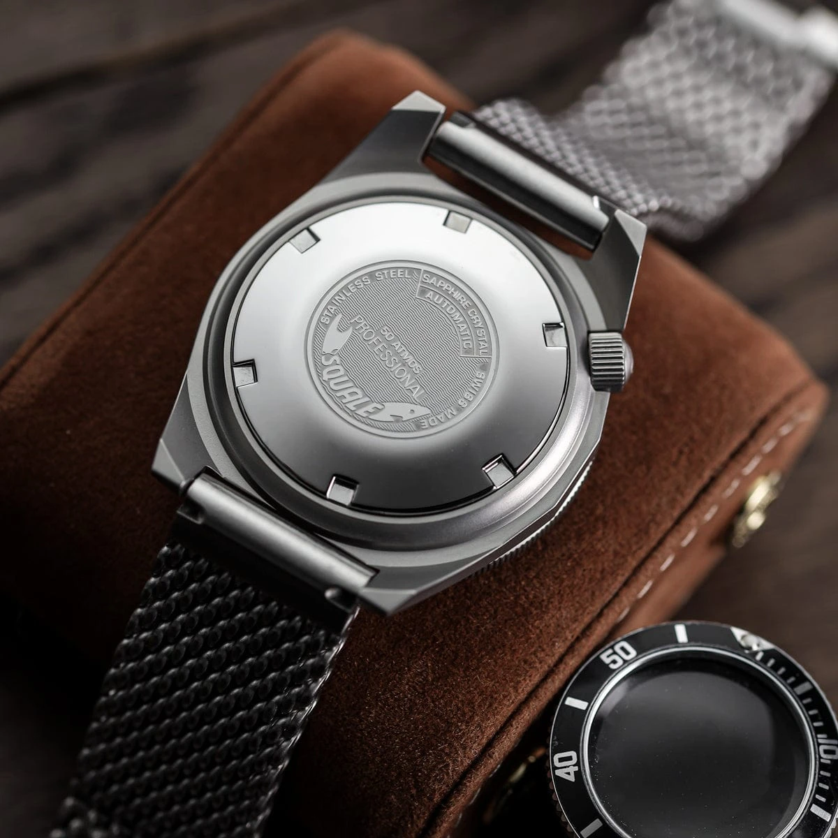 Squale 1521 Swiss Made Diver's Watch Black With Blasted Case - Mesh Bracelet - Image 5